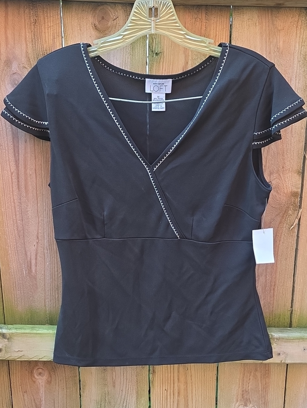 LOFT Black Short Sleeve V-Neck Wrap Top with White Stitch Detail